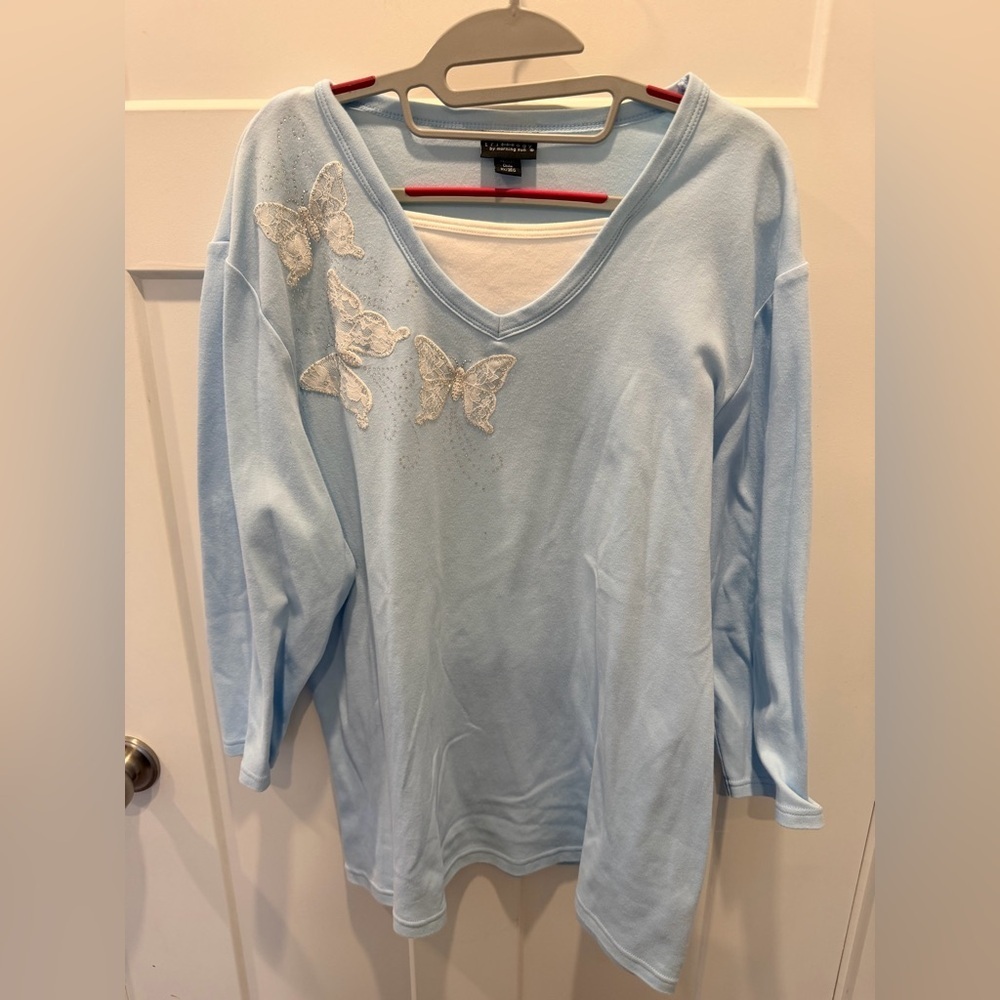Trilogy by Morning Sun 3X Light Blue Butterfly Embellished V-Neck Top